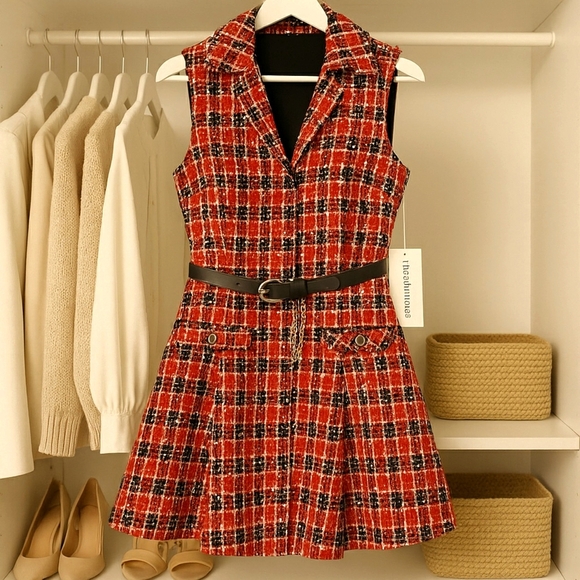 Preppy Retro Academia School Girl Y2K Career Mini Pleated Tweed Knit Plaid Dress - Picture 4 of 8